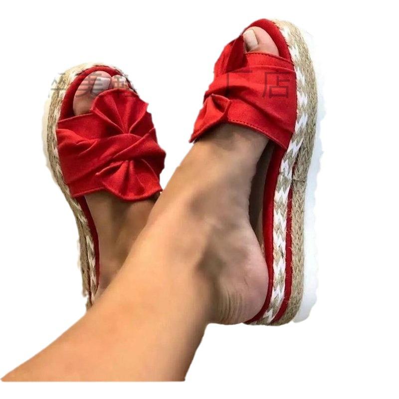Summer 2020 Women's Wedge Heel Bowknot Slippers with Thick Hemp Rope Sole, Plus Size