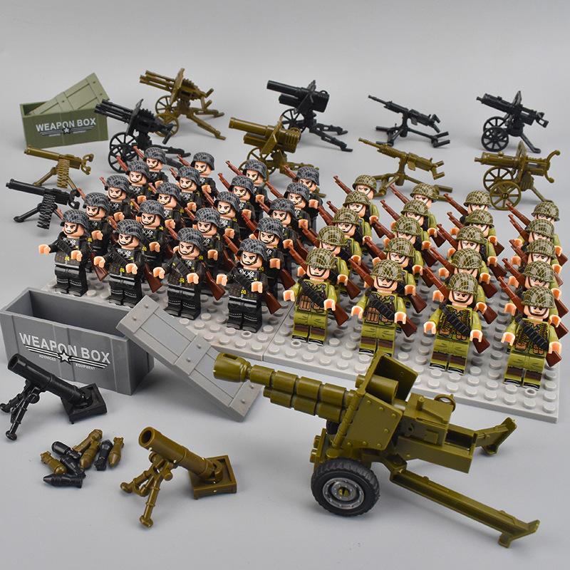 40pcs WW2 Military Figures Building Blocks Army Soldier Battlefield Machine Gun Weapons Bricks Kids Toy
