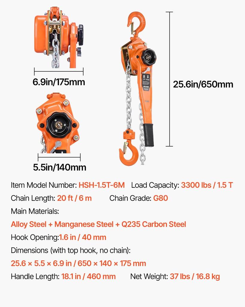 Manual Lever Chain Hoist, 1-1/2T 1500KG Capacity Heavy Duty Come Along, 6M Lift G80 Alloy Steel Chain With Dual Pawl Mechanical Brake, 360° Rotating
