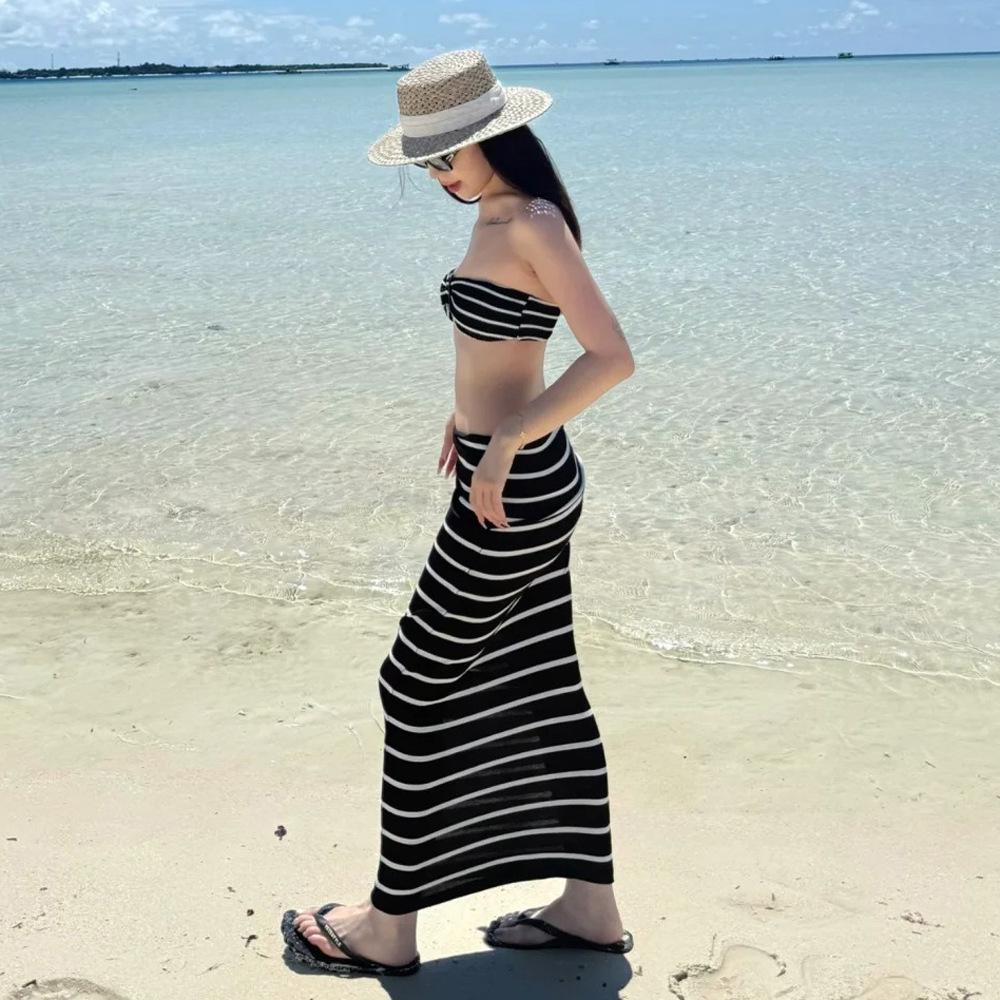 Korean Striped Three-Piece Bikini with Skirt - Women's Sexy Beach Swimsuit
