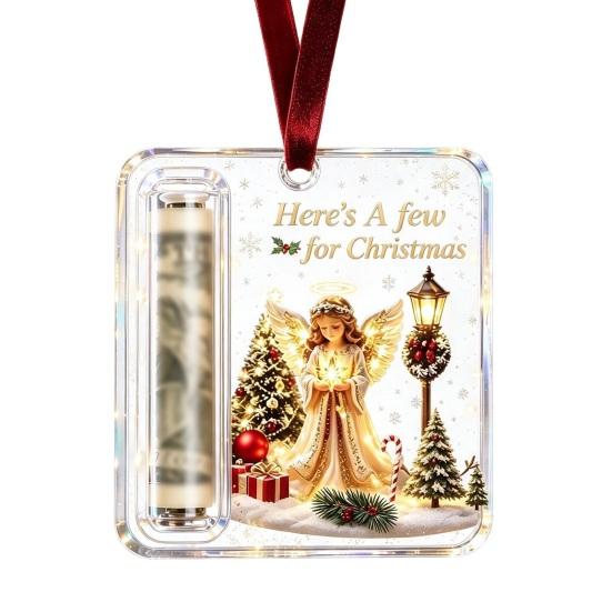 Money Gift Decor Christmas Cash Holder Ornament, Acrylic Angel Santa Cat Transparent for Xmas Tree, Holiday Party Hanging Decoration with Lanyard Easy