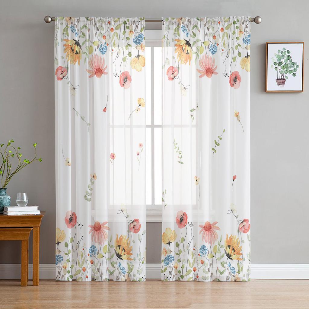 Snow Lotus Branches Leaves Flower Plant Sheer Curtains for Living Room Tulle for Windows Voile Yarn Short Bedroom Curtains