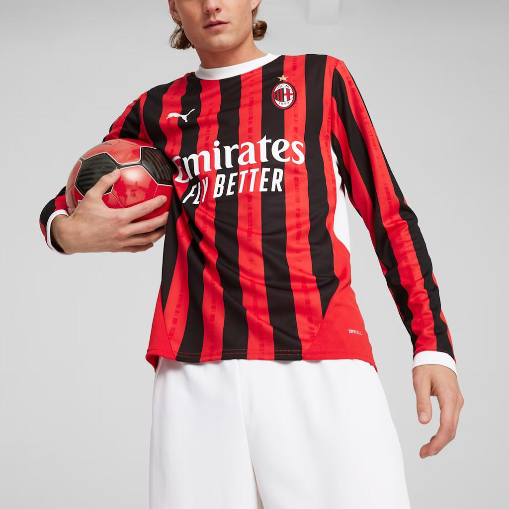 Puma Sezóna 2024-25 Domácí fotbalový dres AC Milán s dlouhým rukávem a pruhovaným kulatým výstřihem Unisex Topy Červený 774959-01