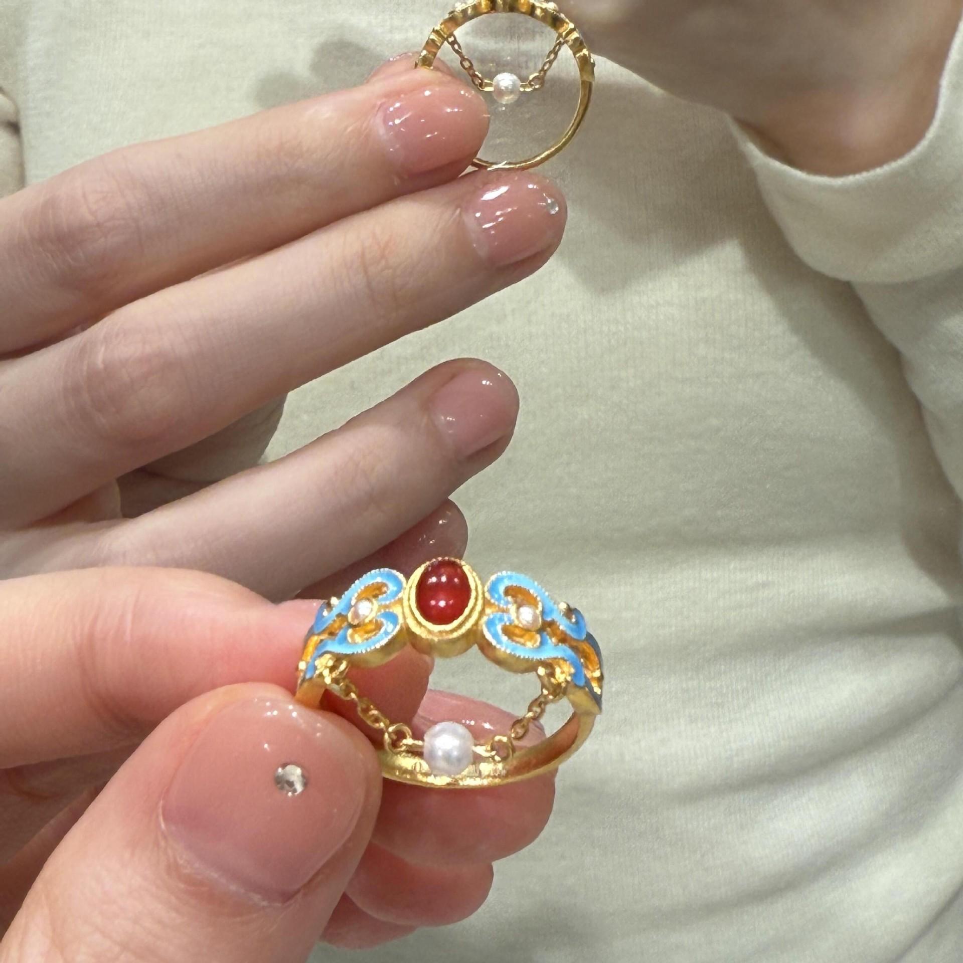 Fenglaiyi Necklace for Women Tian-Tsui Enamel Pearl Ruby Zircon Tassel Ring