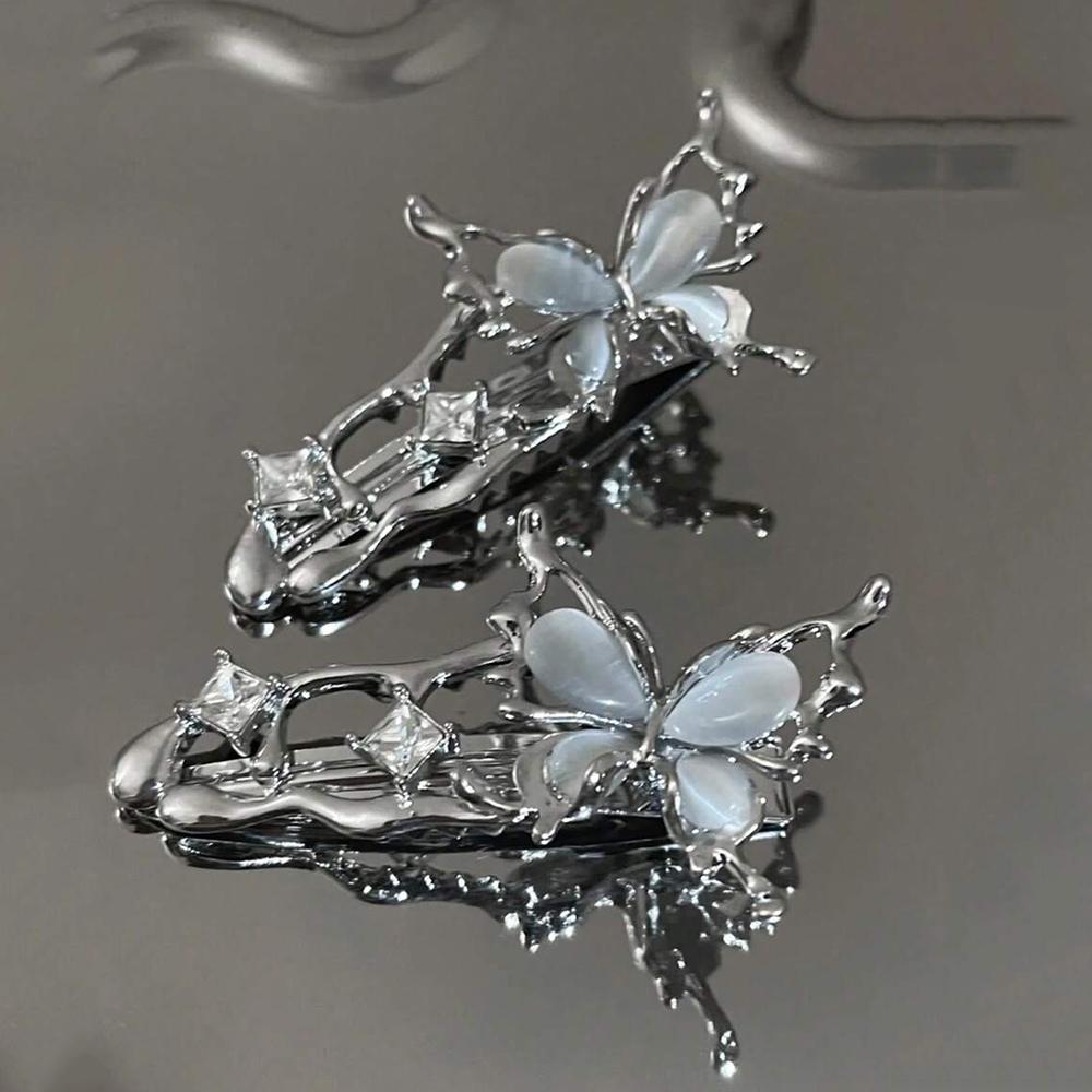 

2pc Y2K Cat Eye Zircon Butterfly Hair Clip Black Liquid Metal Fashion High-end Girls Bangs Women Hair Accessories Duckbill Clip