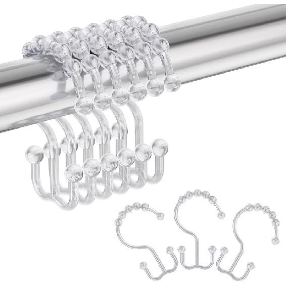 Amazer Plastic Shower Curtain Hooks, Double Shower Curtain Rings, Shower Rings for Shower Curtain, White Shower Hooks for Curtain Liner Bathroom - 12