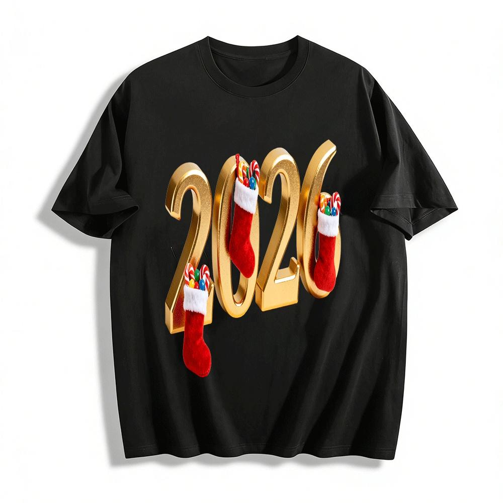 2026 Christmas Themed Candy Stocking Print Casual Top Pure cotton T-shirt XXS