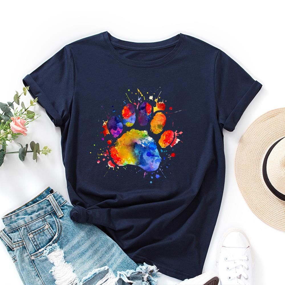 Dog Paw Pattern Cotton T-Shirt Short Sleeve Round Neck Women 2d Print Tops