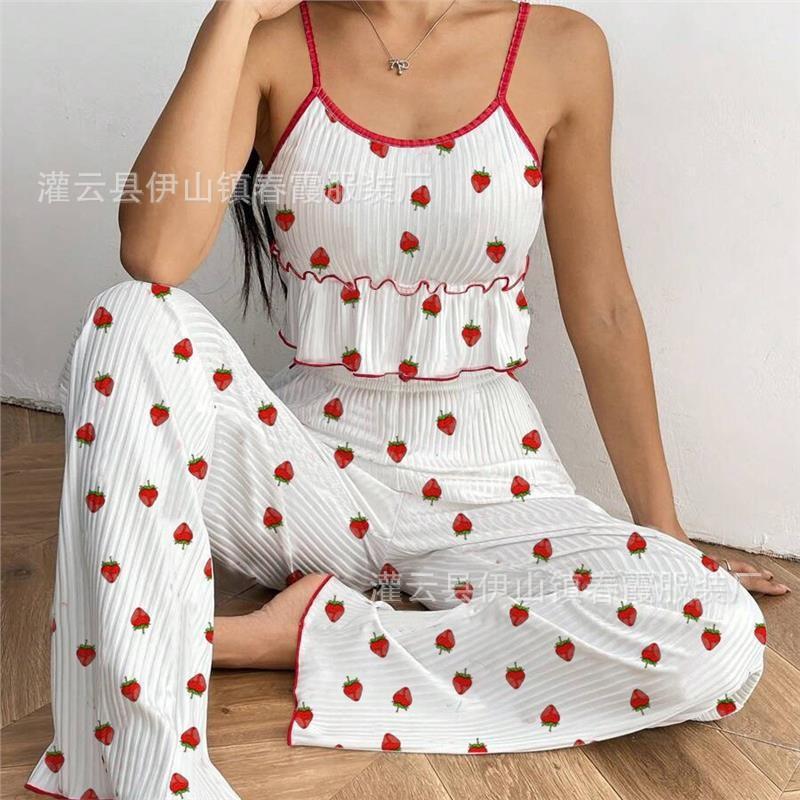 

European and American ribbed sling vest trousers printed pajamas women s casual sexy loungewear two-piece suit women XL суничний
