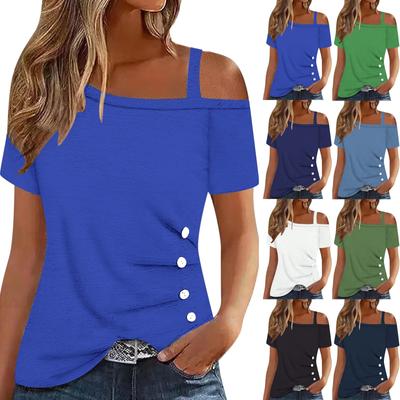 Tops femininos de ombros de fora, plissados, gola assimétrica, manga curta, camiseta