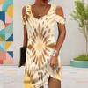 Women Plus Size V Neck Cold Shoulder Abstract Printed Short Sleeve Curved Hem Dress