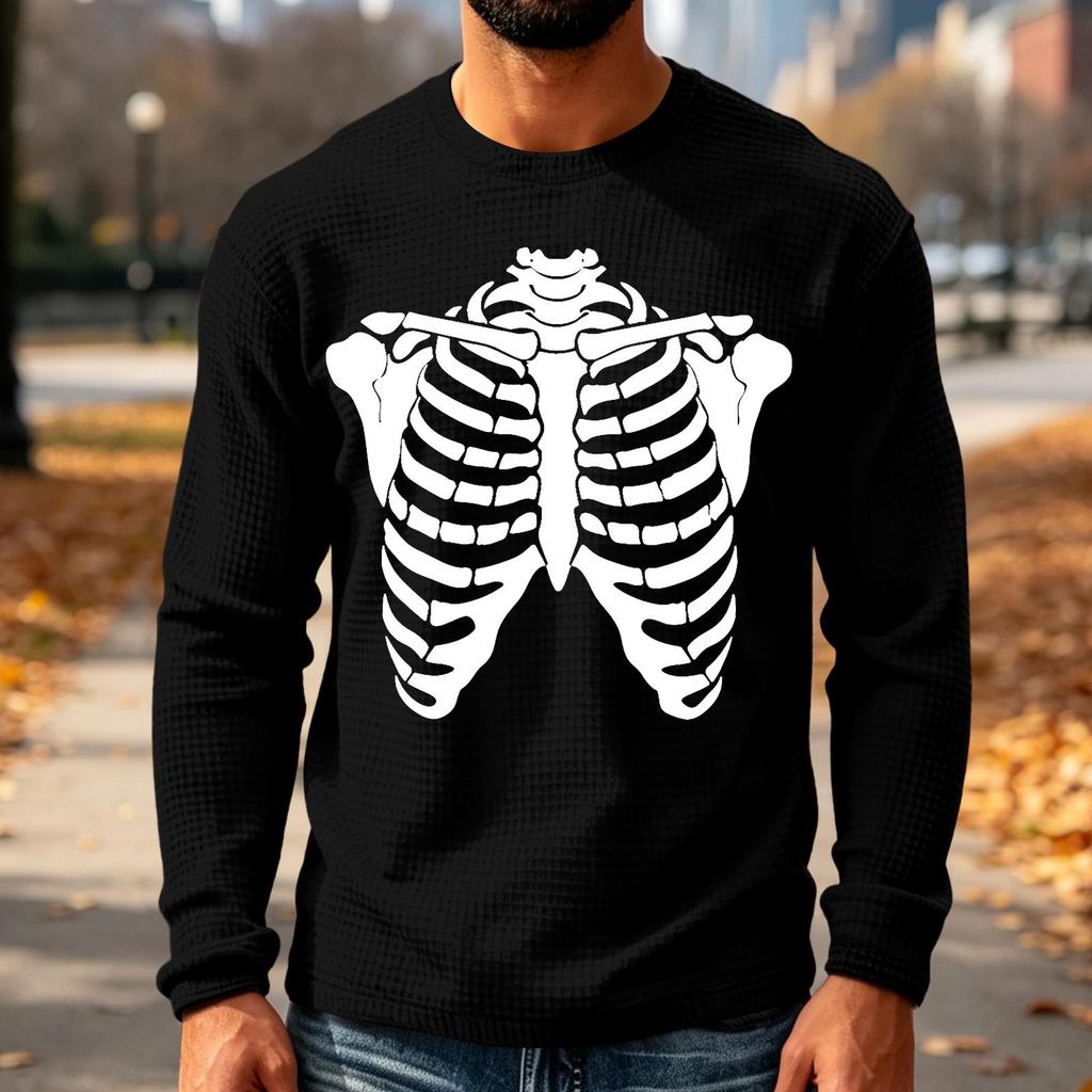 Men's Knit Long Sleeve Neck T-Shirt with Halloween Print Casual Top