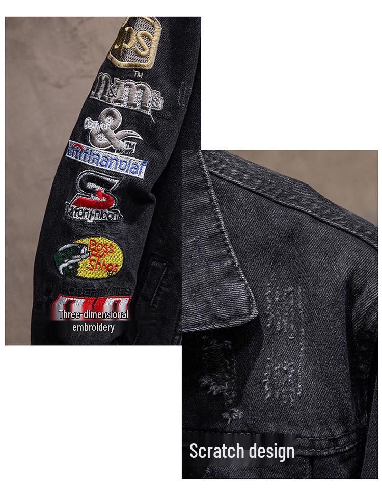 Heren Gescheurde Geborduurde Denim Jas - Losse, Trendy Lente & Herfst Casual Lange Mouw Jas van Tide