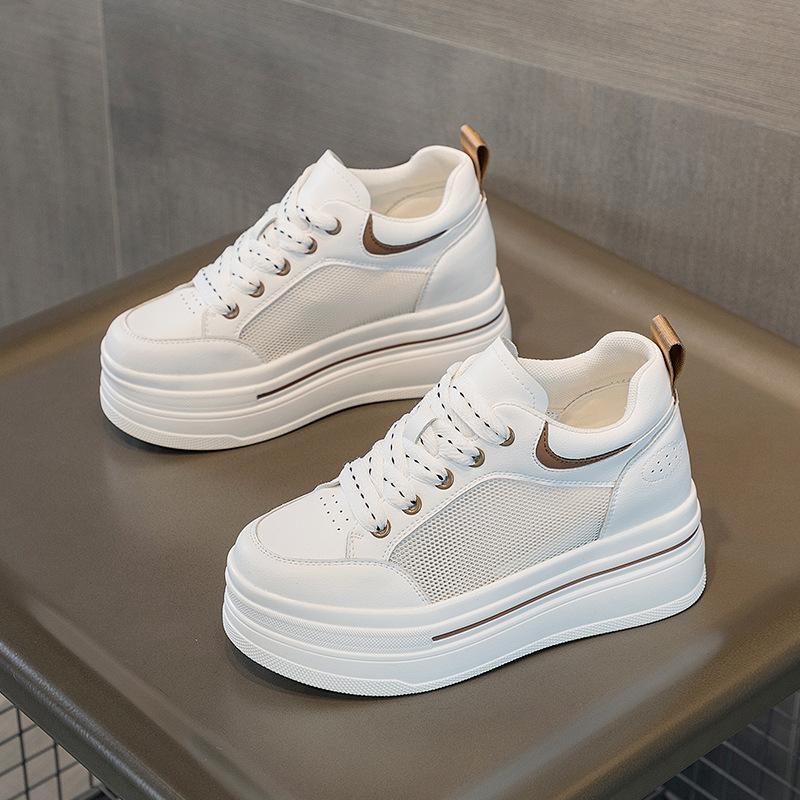 Small Inner Height Increase Women's Shoes 2025 New Small Size Thick-soled Slope Heel Casual Single Shoes Breathable Lace-up White Shoes Women