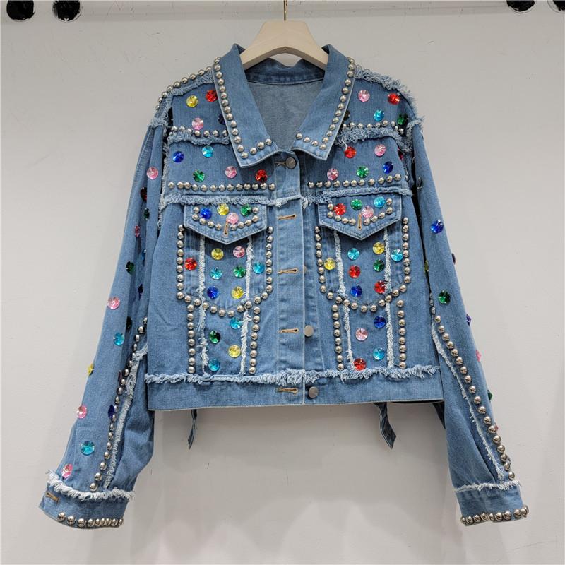 European Station Spring and Autumn New Loose and Skinny BF Heavy Industry Rivet Diamond-encrusted Denim Jacket Jacket Female Trend Brand