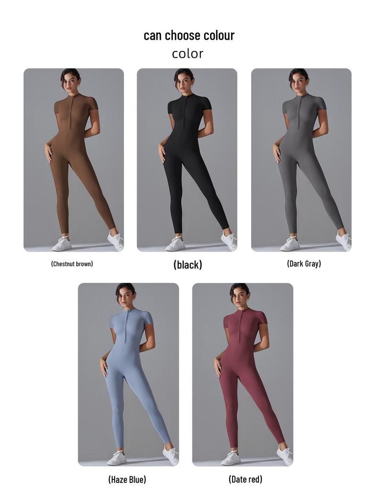 Solid Color Zipper High-Stretch Bodysuit with Short Sleeves and Full-Length Nine-Point Pants for Fitness and Yoga.