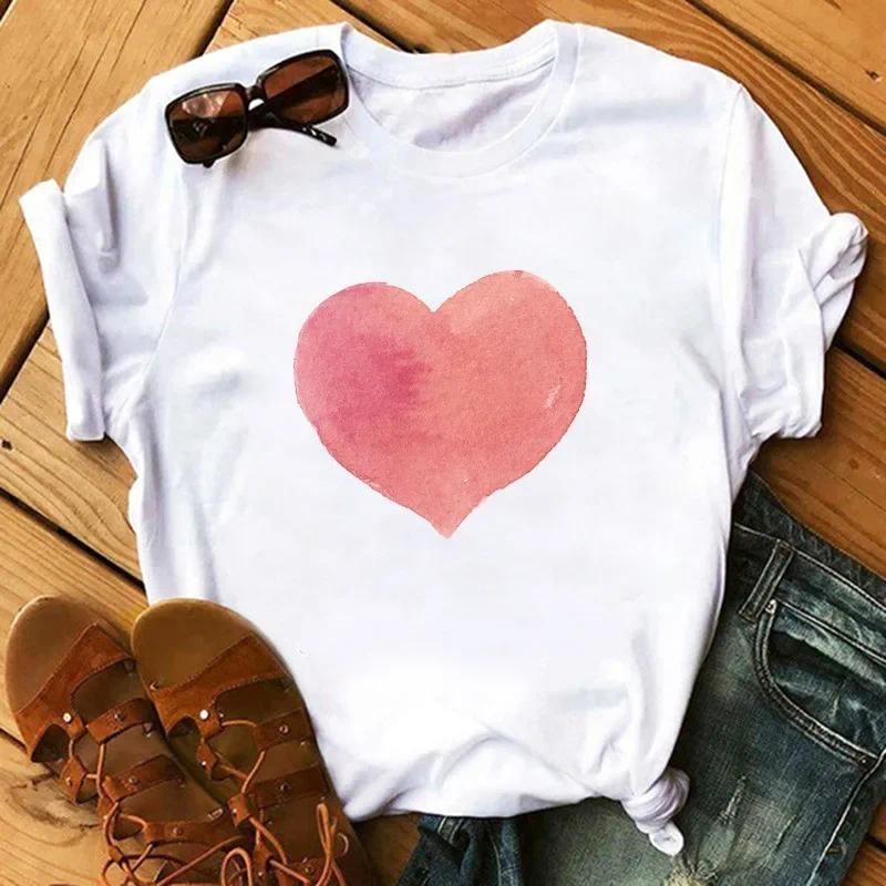 T-shirt Women Neck T-shirt Women T Shirt Love Flower Half Sleeve Cartoon White Letter Aesthetic Clothes