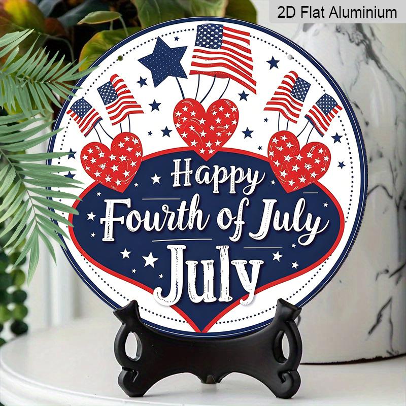 2D Flat, 1pc Round Aluminum Hanging Sign - 4th of July Patriotic Metal Wall Sign, "Happy Fourth of July" Star & Flag Design, Perfect for Indoor