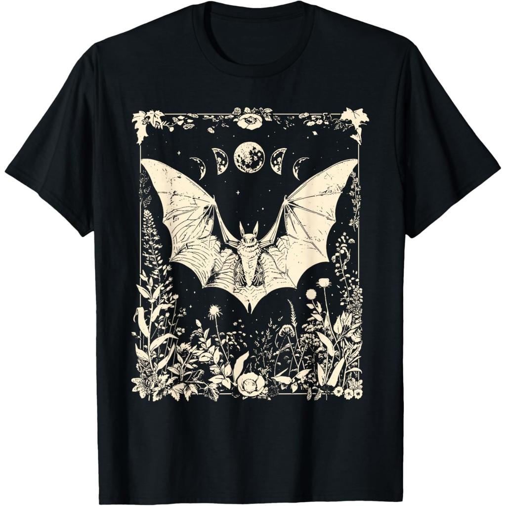 Gothic Bat Moon Phase Floral Graphic Tee Men Casual Cotton TShirt