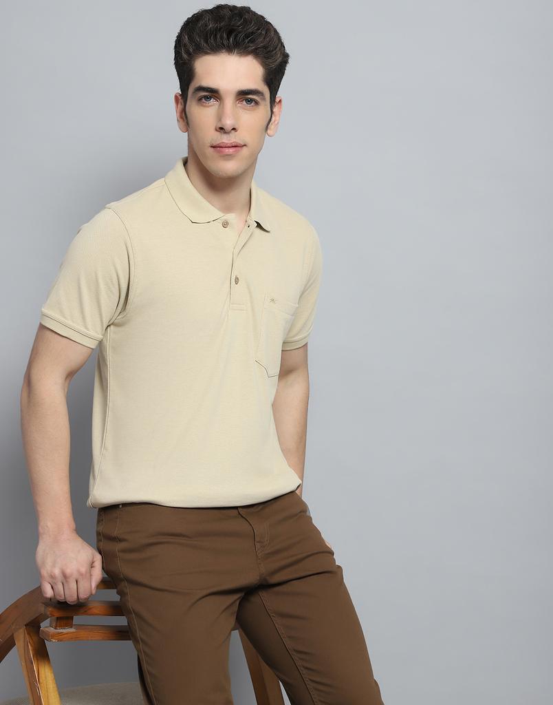 Monte Carlo Mens Solid Beige Collar Neck Half Sleeve T-Shirt