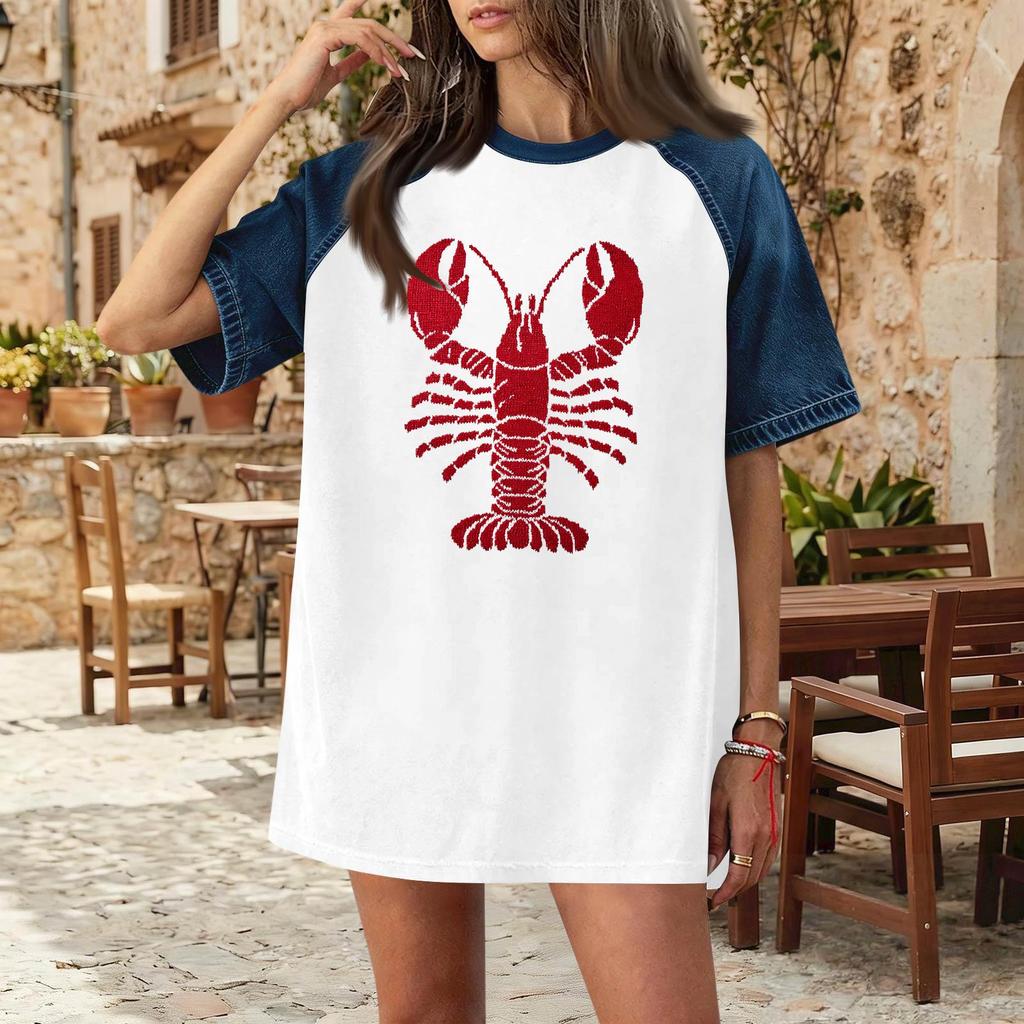 Women's Casual Denim Patchwork Short Sleeve T-Shirt Loose Fit Crew Neck Summer Spring Fashion Top Lobster Print