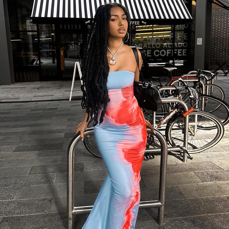 European & American Style Sexy Slim Fit Strapless Printed Long Dress with Side Slit for Women