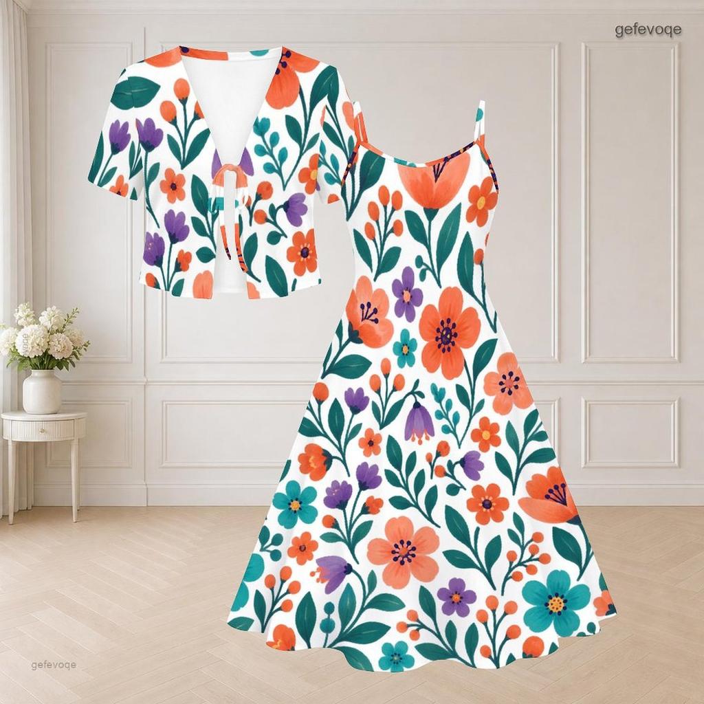 Women Plus Size Two Piece Dress Set V Neck Short Sleeve Leaf Printed Tie Front Strappy Flared Dress