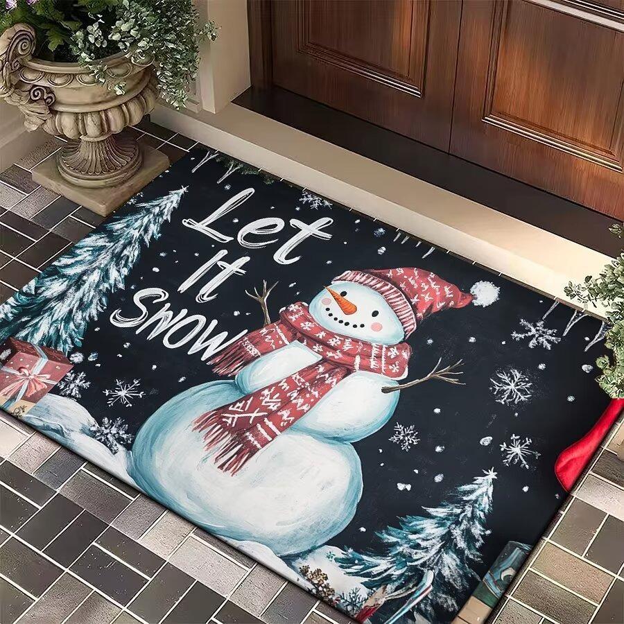 Christmas Themed Door Mat With Patterns Like Mittens Hats Snowflakes Holly Non Slip Welcome Entrance Rug For Families Decor