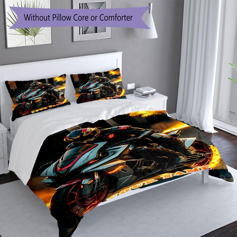 3pcs Custom Name "Rider Flames Motorcycle Speed" Bedding Set Printed Bedding Set Duvet Cover Closure Includes 1 Duvet Cover & 2 Pillowcases Bedroom De