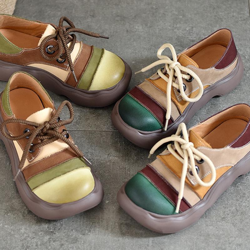 Johnature Genuine Leather Lace-up Thick Soled Shoes Retro Mixed Colors Round Toe Women's Flat Shoes