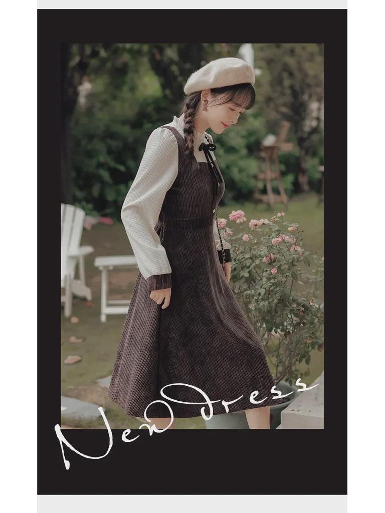 [Hochelastischer Cord] Französisches Retro-Mantelkleid mit Rüschen