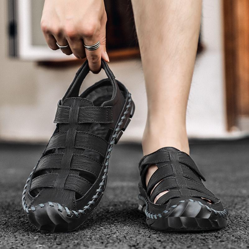 Summer Men's Leather Shoes Male Sandals Handmade Hollow Flats Quick Dry Wading Shoes