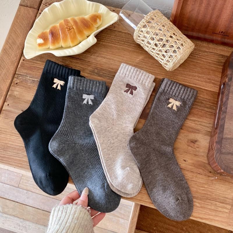 Maillard Socks Mid-Tube Socks Cotton Socks Warm Bow Embroidery Spring And Autumn Thickened Stacking Stockings
