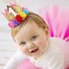 Baby Princess Glitter Gold Crown, 2st Birthday Party Hat Gold with Mix Rainbow Color Flowers