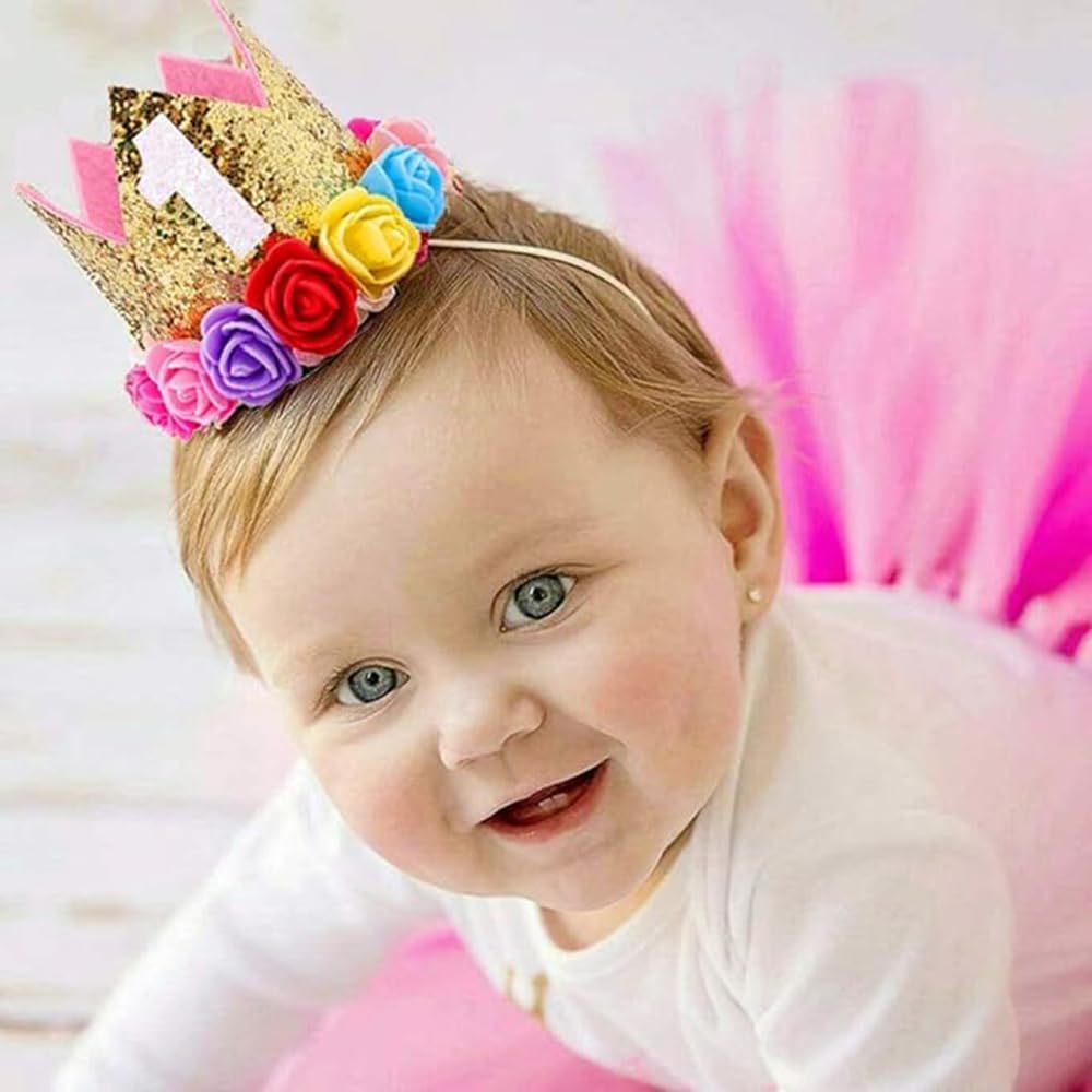 Baby Princess Glitter Gold Crown, 2st Birthday Party Hat Gold with Mix Rainbow Color Flowers