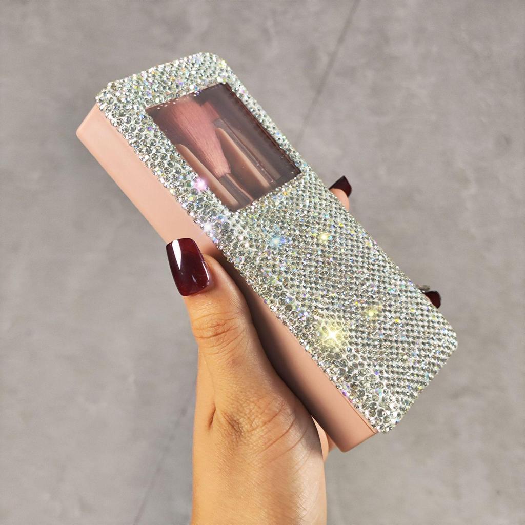 Rhinestone Travel Makeup Box with Mirror & Mini Brush Set