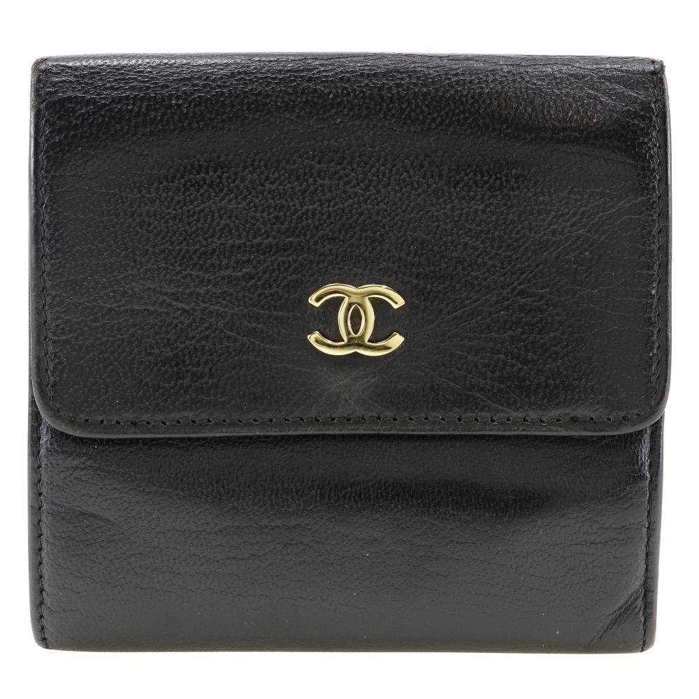 Chanel COCO Mark Bi-Fold Wallet A13456 Double Sided Black Calfskin Women Used