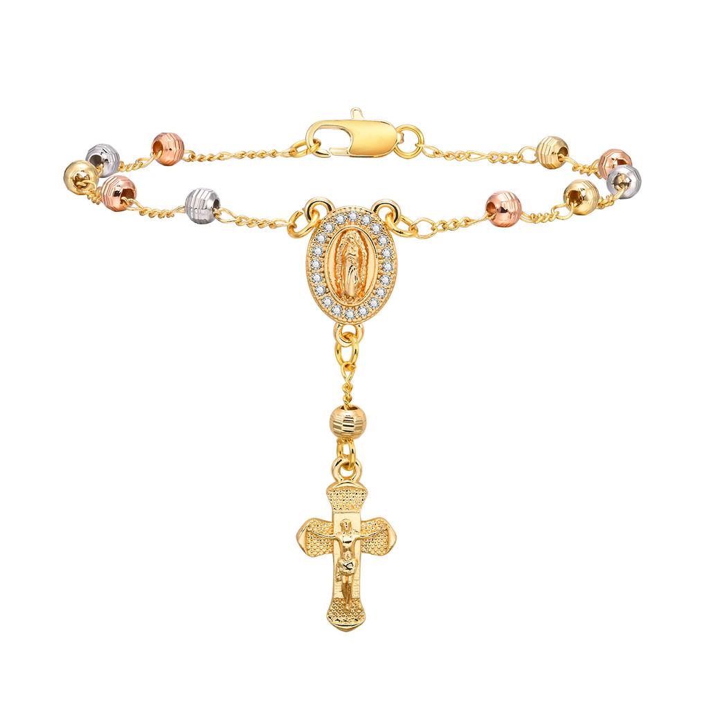 Bracelet Croix de Perles de Rosaire Vierge Marie Vierge de Guadalupe Bracelet à Maillons Ajustables pour Femmes Fille Bijou Cadeau