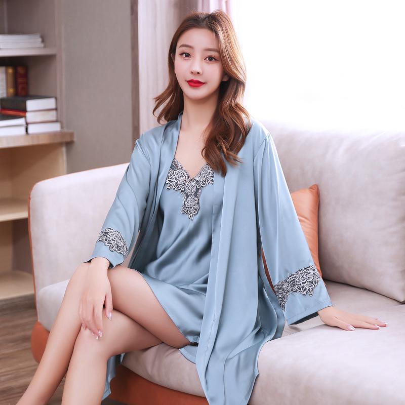 2024 Spring/Summer Women's Silk Pajama Set: Sexy Camisole & Thin Ice Silk Nightgown with Korean Style Robe