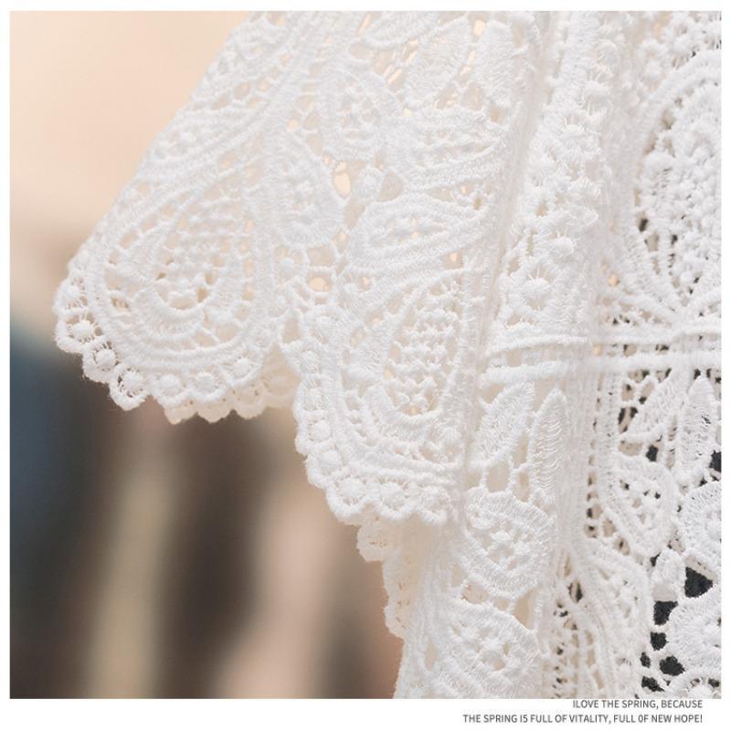 Elegante Blusa de Encaje de Punto Crochet para Mujer Vintage Calada Manga Tres Cuartos Camisas Casuales Sueltas Mujer Verano Ajustada Moda Blusas Tops 3412