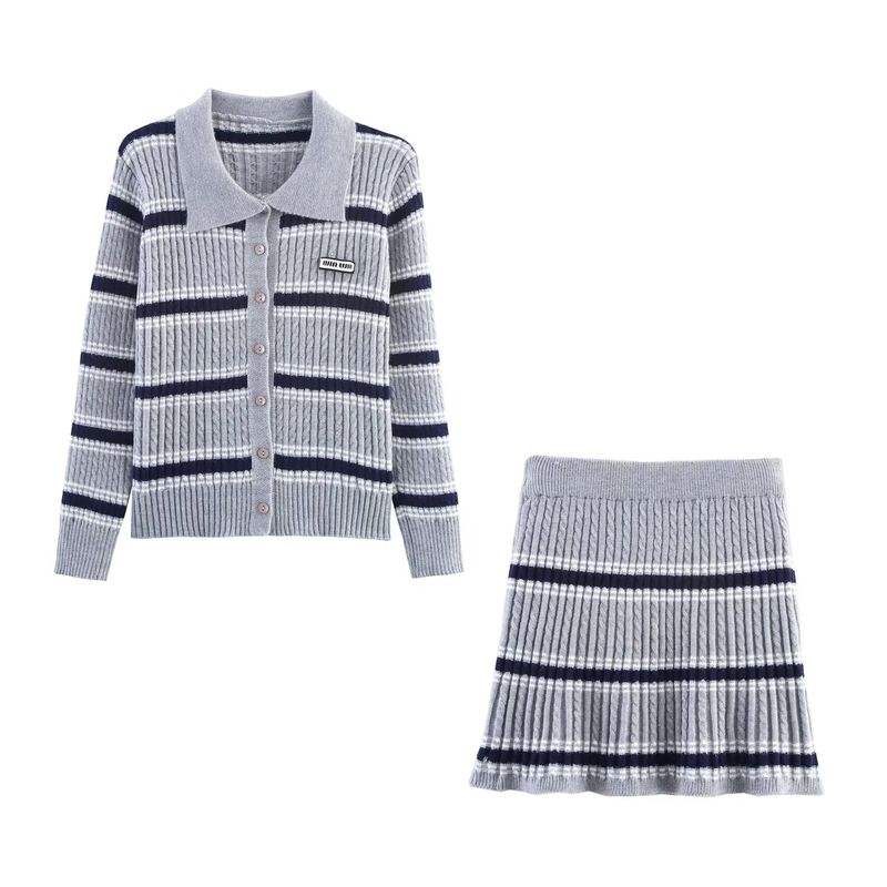 Kaslead New Women Clothes Western Style Fashion Stripe Cardigan Top Skirt Set