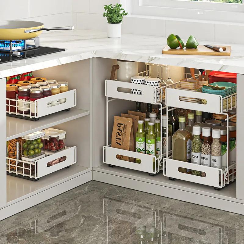 1-2pcs Pull-Out Kitchen Cabinet Storage Basket Condiment Holder Multifunctional Drawer Rack for Household Cabinet Organizing