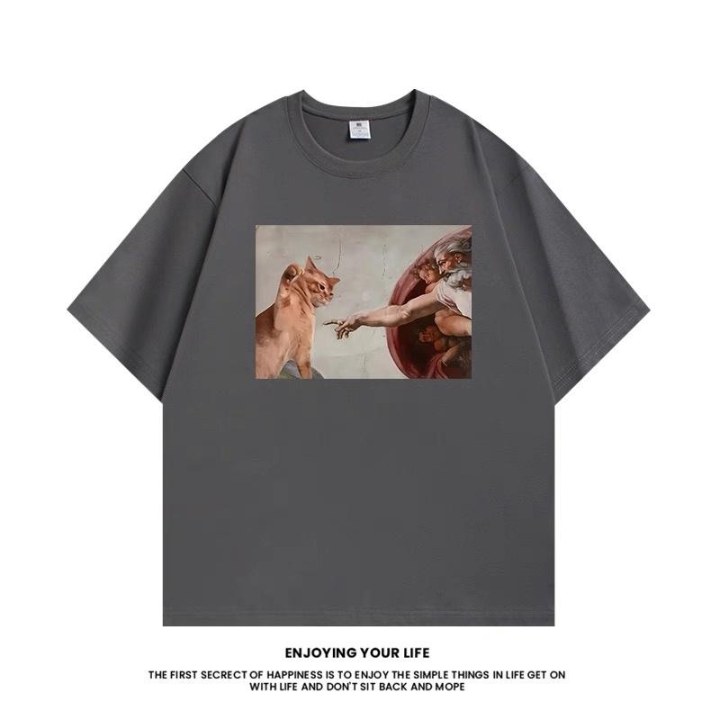 ZAZOMDE 2026 Simple Funny Art Cat Graphic T Shirt Neutral Oversized Short Sleeve Tee Summer Streetwear Cotton Daily Clothing