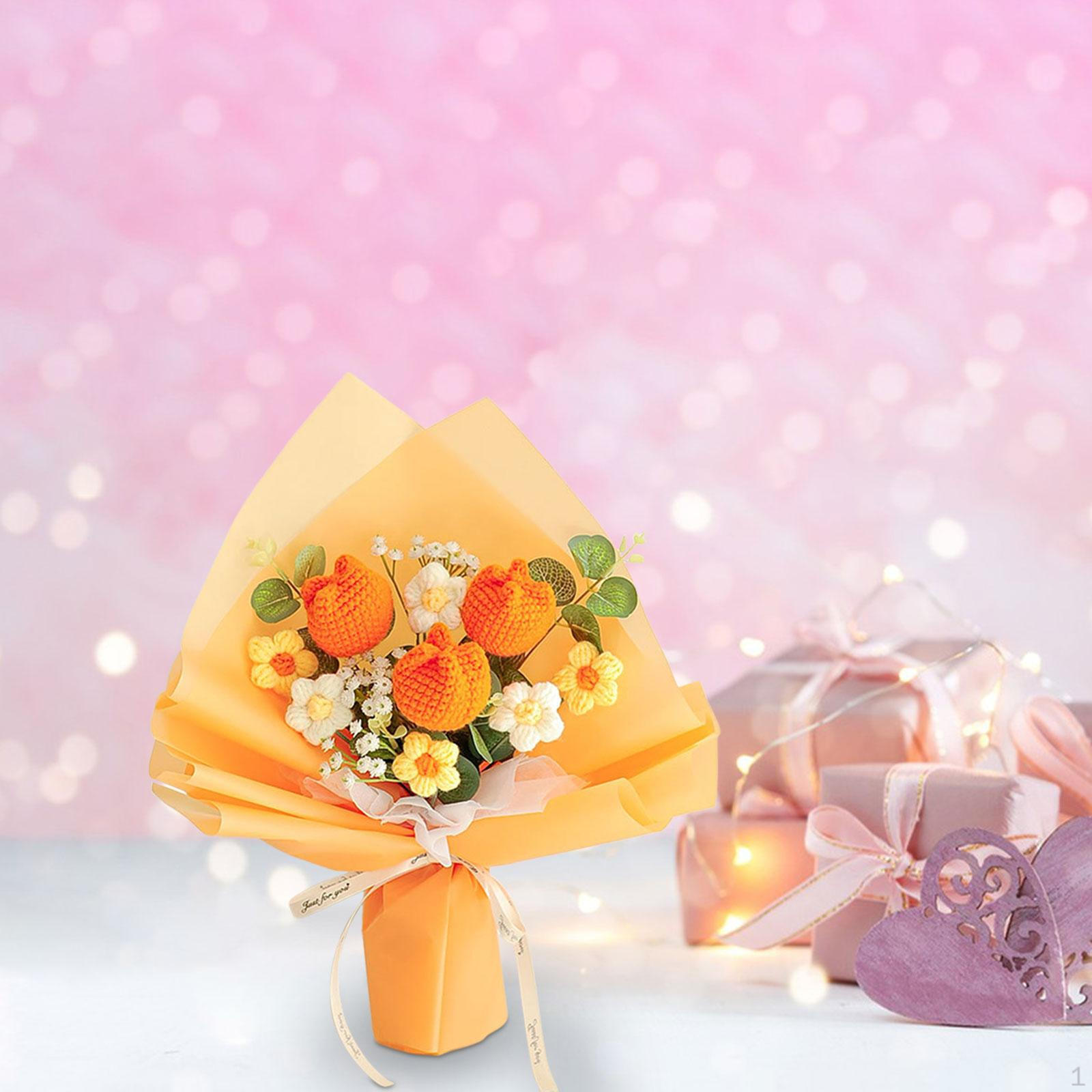 

Crochet Flower Bouquet Knitted Artificial Tulip Flowers Fake Shelf Decor with Lights for помаранчевий