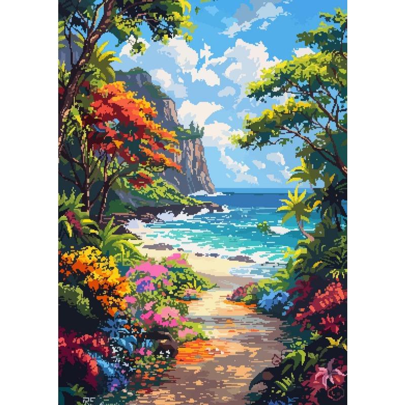 Hawaii Pixel Art Travel Landscape Poster Flower Island Sand Beach Sky Scenery Canvas Painting Room Home Wall Decor Mural