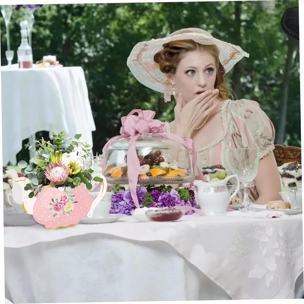 Tea Party Table Decorations Paper Teapot Vase 4-Design DIY Mother’s Day Ornaments Pink + Green 12PCS