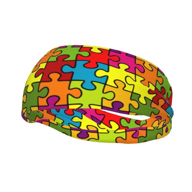 Autism Awareness Colorful Puzzle Pieces Sports Head Bands Sweatbands for Women Men Elastic Exercise Headband for Fitness Running