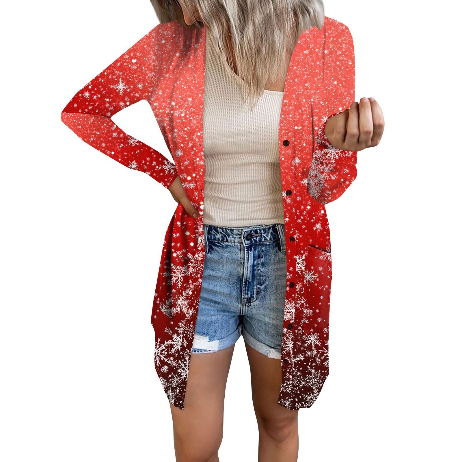 

Women s Casual Long Sleeve Christmas Printed Cardigan With Pockets L Кіновар