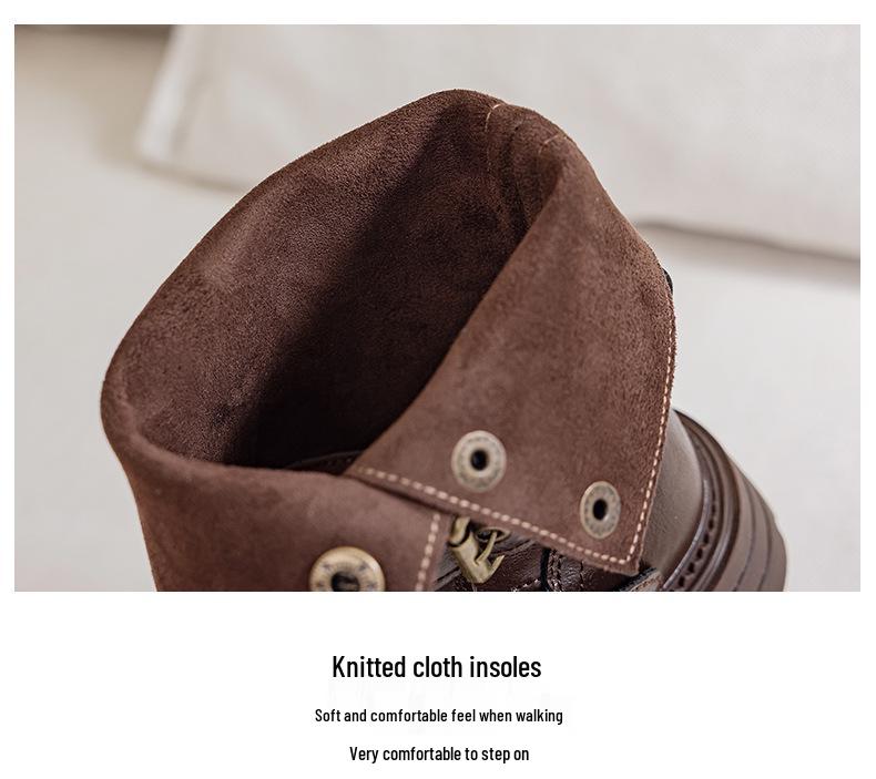 Retro Buckle Maillard Martin Leather Mid-Calf Boots for Girls - Foldable Shaft, Perfect for Travel