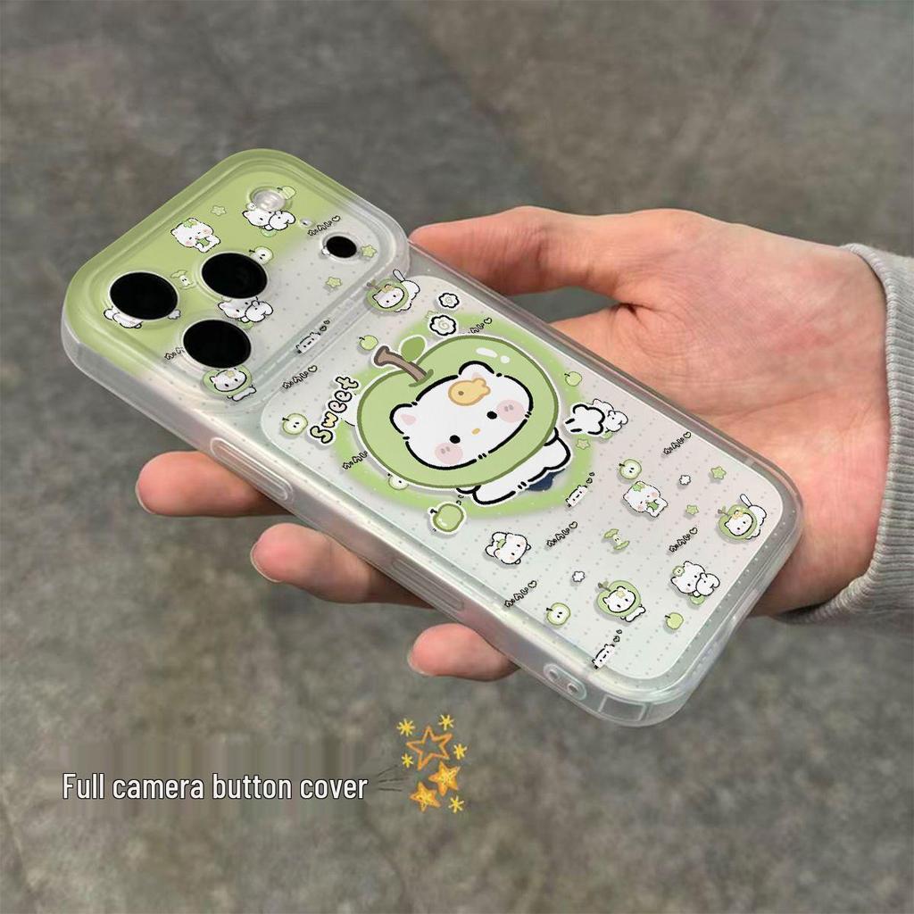 Transparent Green Phone Case with Integrated Button for Apple 17/16/15/14, 17 Pro Max, 16 Pro, Cat Design